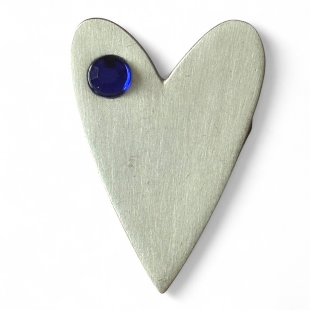 Vintage 1.5” Silver Heart Lapel Pin or Brooch With Blue Rhinestone Cabochon